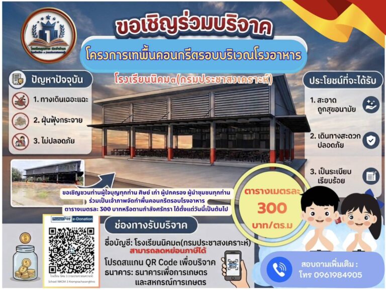 ขอเชิญร่วมบริจาค โครงการเทพื้นคอนกรีตรอบบริเวณโรงอาหาร โรงเรียนนิคม 3 (กรมประชาสงเคราะห์)